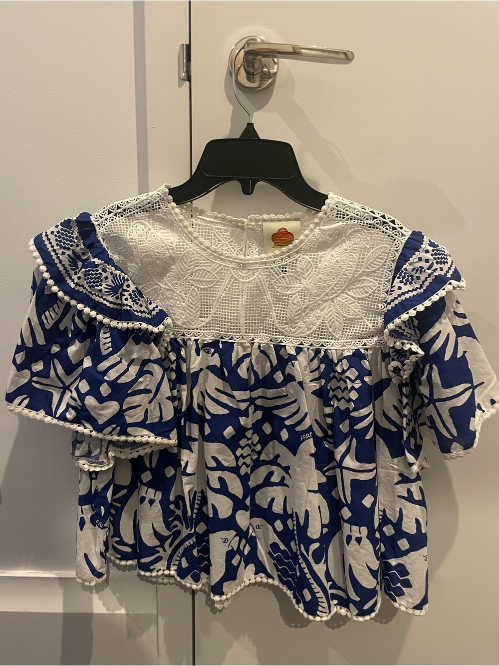 Women’s Blue & White Embroidered Peasant Top
